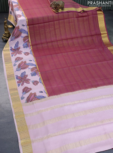 Pure mysore silk saree pastel maroon and baby pink with allover zari strips pattern and long floral digital printed border