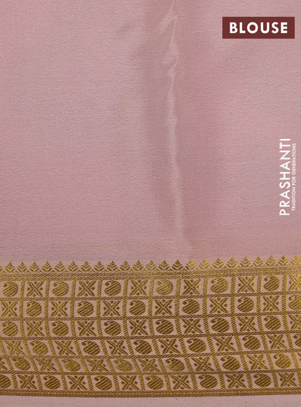 Pure mysore silk saree pastel maroon and baby pink with allover zari strips pattern and long floral digital printed border