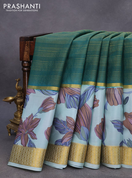 Pure mysore silk saree green and pastel blue with allover zari strips pattern and long floral digital printed border