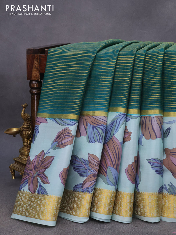 Pure mysore silk saree green and pastel blue with allover zari strips pattern and long floral digital printed border