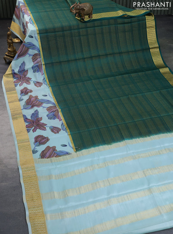 Pure mysore silk saree green and pastel blue with allover zari strips pattern and long floral digital printed border