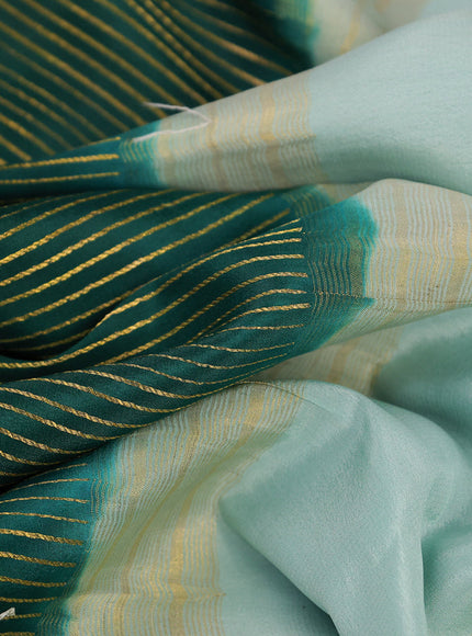 Pure mysore silk saree green and pastel blue with allover zari strips pattern and long floral digital printed border