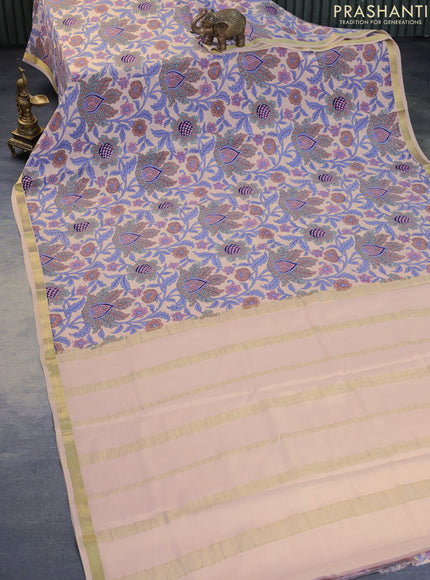 Pure mysore silk saree mild peach shade with allover floral digital prints and zari woven border