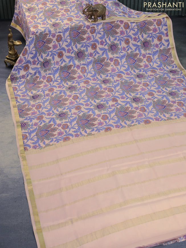 Pure mysore silk saree mild peach shade with allover floral digital prints and zari woven border