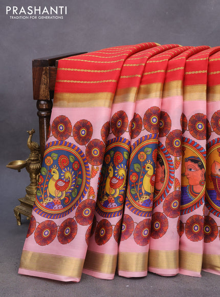 Pure mysore silk saree red and light pink with zari stripe pattern and long kalamkari digital printed border