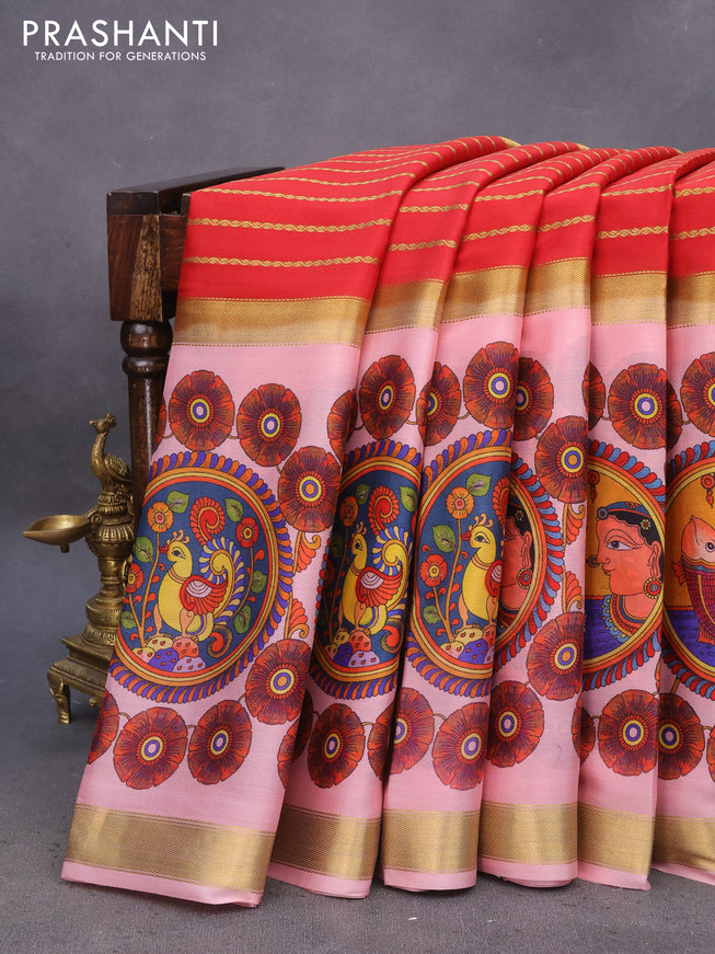 Pure mysore silk saree red and light pink with zari stripe pattern and long kalamkari digital printed border