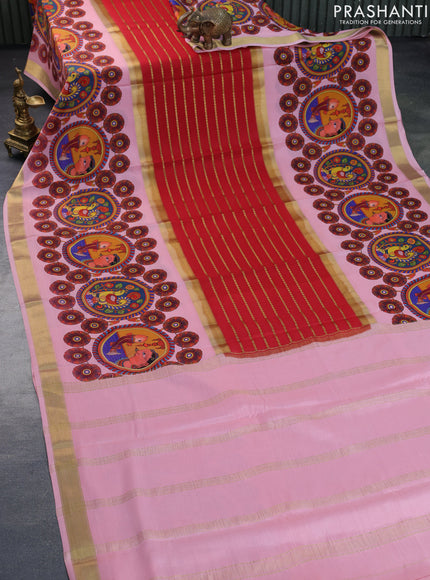 Pure mysore silk saree red and light pink with zari stripe pattern and long kalamkari digital printed border