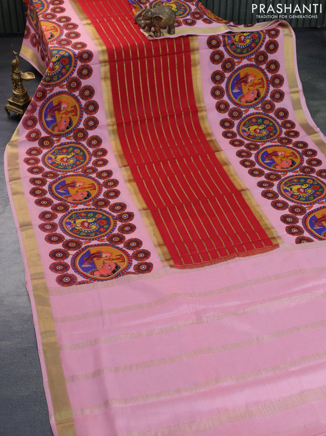 Pure mysore silk saree red and light pink with zari stripe pattern and long kalamkari digital printed border