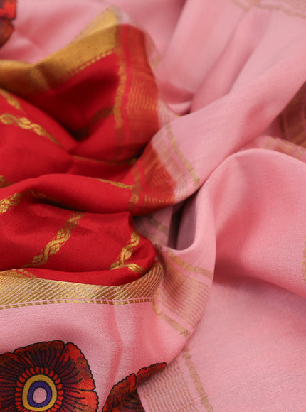 Pure mysore silk saree red and light pink with zari stripe pattern and long kalamkari digital printed border