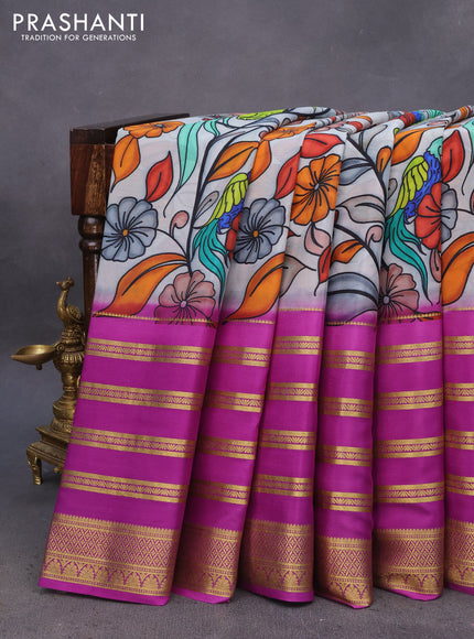 Pure mysore silk saree grey shade and purple with kalamkari digital prints and long zari woven border