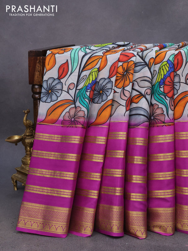 Pure mysore silk saree grey shade and purple with kalamkari digital prints and long zari woven border