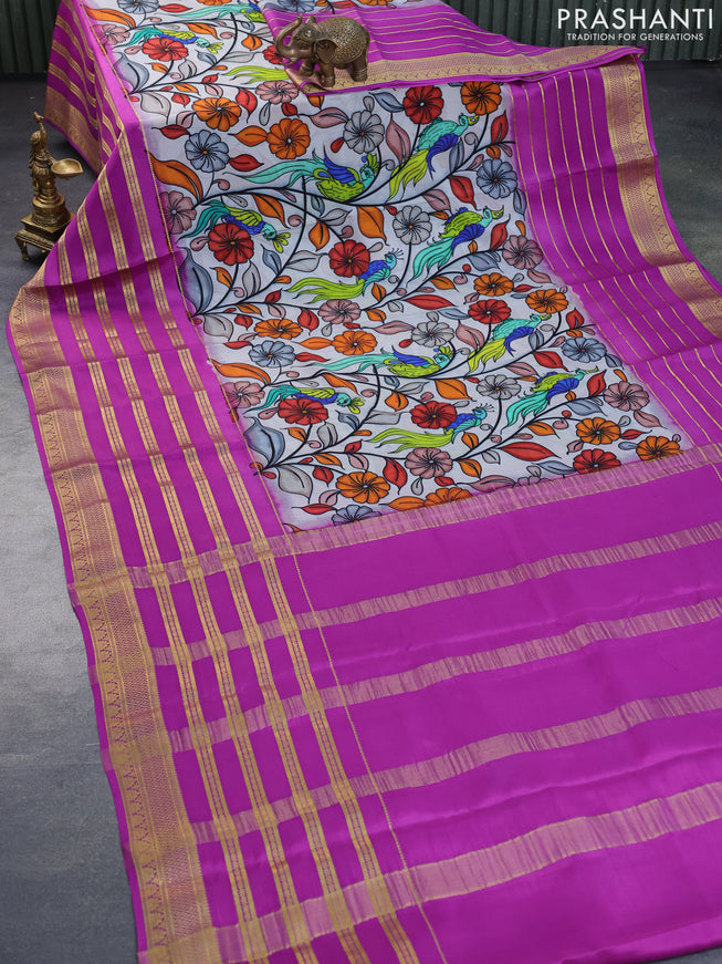 Pure mysore silk saree grey shade and purple with kalamkari digital prints and long zari woven border