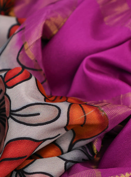 Pure mysore silk saree grey shade and purple with kalamkari digital prints and long zari woven border