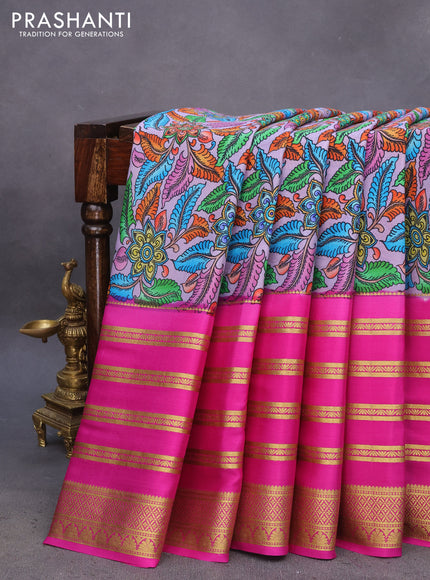 Pure mysore silk saree pastel lavender and pink with allover kalamkari digital prints and long zari woven border