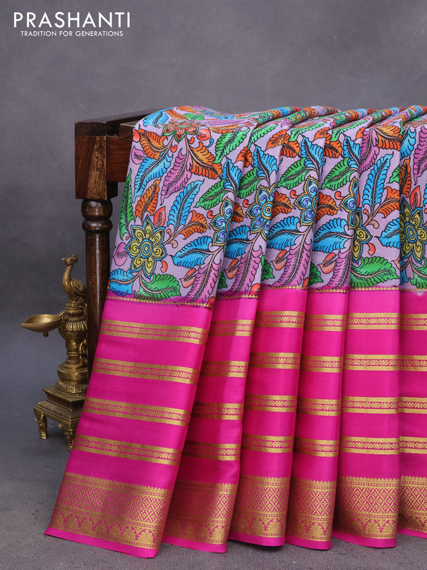 Pure mysore silk saree pastel lavender and pink with allover kalamkari digital prints and long zari woven border