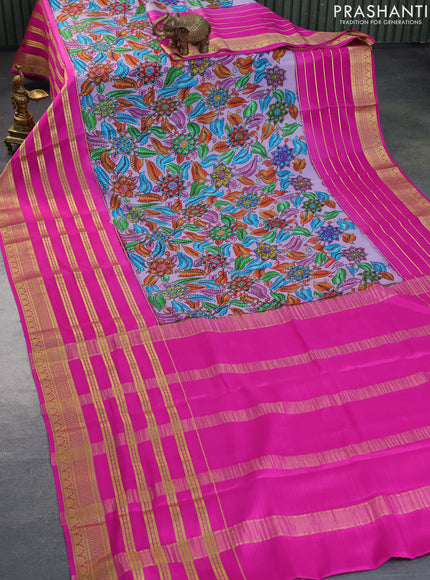 Pure mysore silk saree pastel lavender and pink with allover kalamkari digital prints and long zari woven border