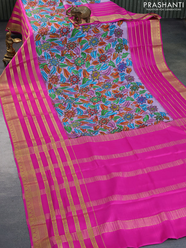 Pure mysore silk saree pastel lavender and pink with allover kalamkari digital prints and long zari woven border