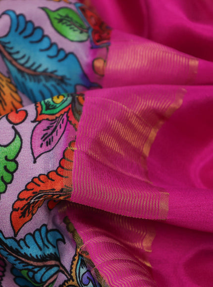 Pure mysore silk saree pastel lavender and pink with allover kalamkari digital prints and long zari woven border