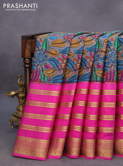 Pure mysore silk saree dark grey and pink with allover kalamkari digital prints and long zari woven border