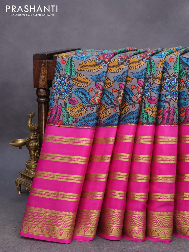 Pure mysore silk saree dark grey and pink with allover kalamkari digital prints and long zari woven border