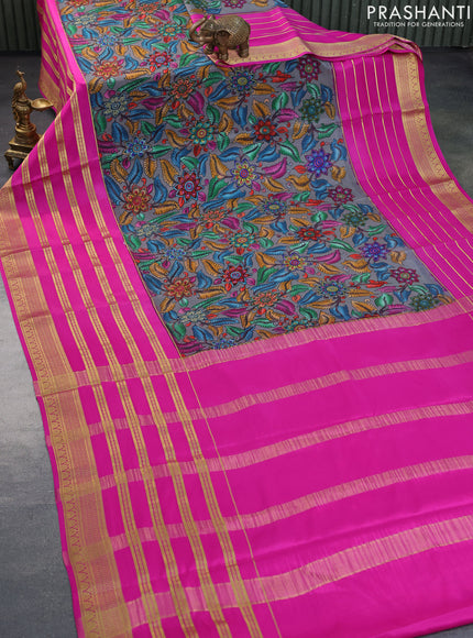 Pure mysore silk saree dark grey and pink with allover kalamkari digital prints and long zari woven border