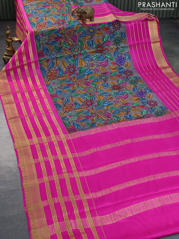 Pure mysore silk saree dark grey and pink with allover kalamkari digital prints and long zari woven border