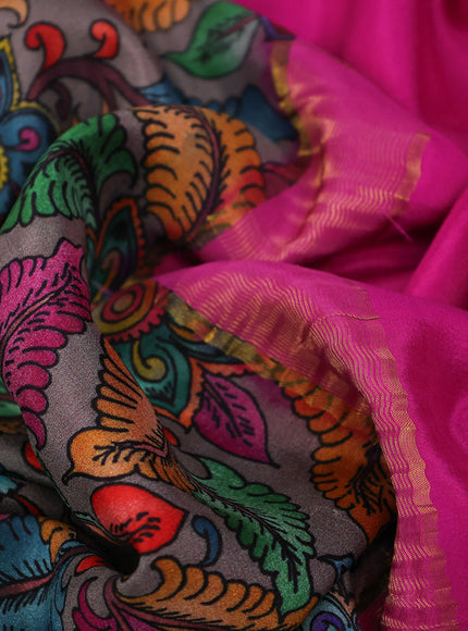 Pure mysore silk saree dark grey and pink with allover kalamkari digital prints and long zari woven border