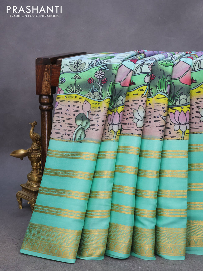 Pure mysore silk saree grey and teal green shade with allover digital prints and long zari woven border