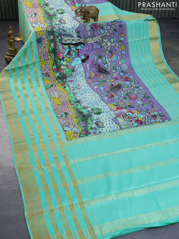 Pure mysore silk saree grey and teal green shade with allover digital prints and long zari woven border