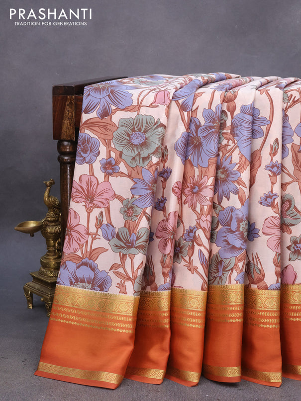 Pure mysore silk saree pastel shade and rustic orange with allover floral digital prints and rettapet zari woven border