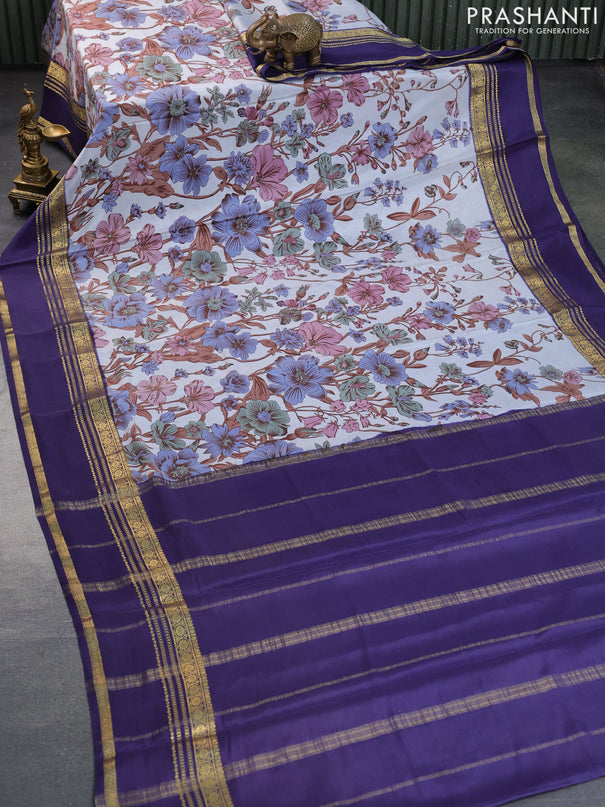 Pure mysore silk saree bluish grey and navy blue with allover floral digital prints and rettapet zari woven border