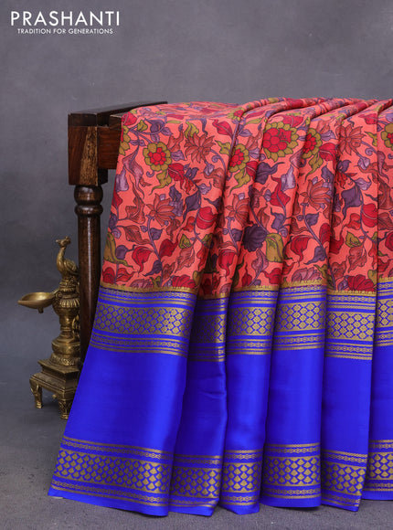 Pure mysore silk saree red shade and royal blue with allover kalamkari digital prints and long rettapet zari woven border