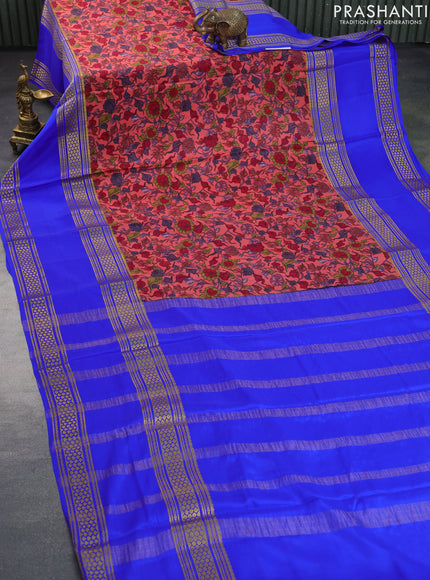 Pure mysore silk saree red shade and royal blue with allover kalamkari digital prints and long rettapet zari woven border