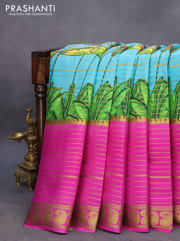 Pure mysore silk saree teal blue and pink with allover zari weaves & digital prints and long paisley zari woven border