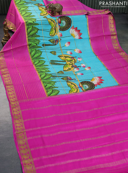 Pure mysore silk saree teal blue and pink with allover zari weaves & digital prints and long paisley zari woven border