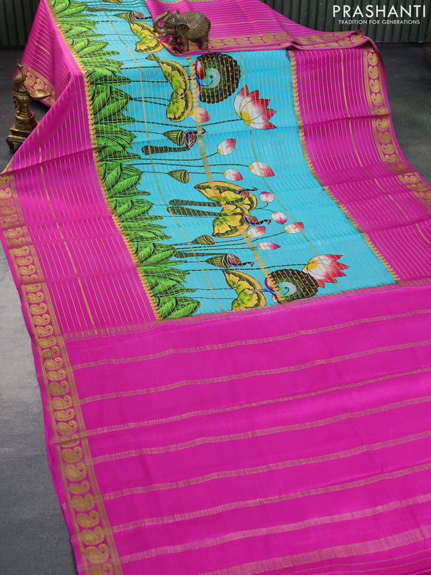 Pure mysore silk saree teal blue and pink with allover zari weaves & digital prints and long paisley zari woven border