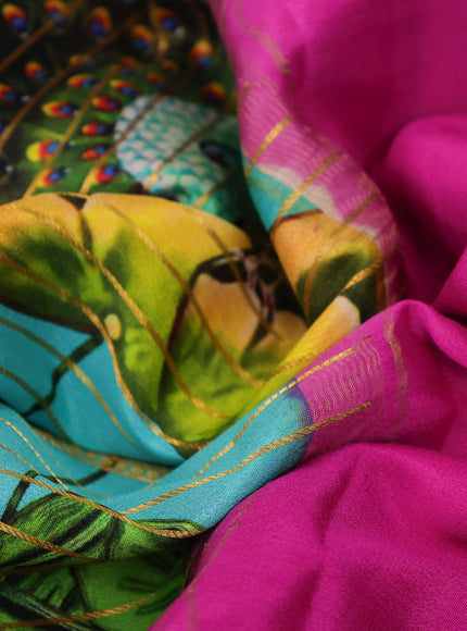 Pure mysore silk saree teal blue and pink with allover zari weaves & digital prints and long paisley zari woven border