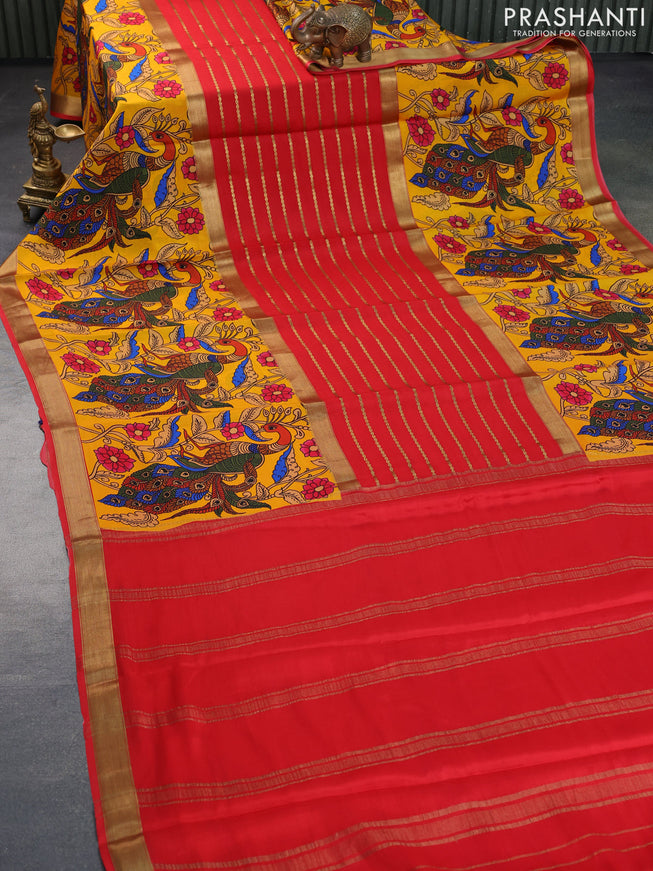 Pure mysore silk saree mango yellow and red with allover zari strips pattern and long kalamkari digital printed border