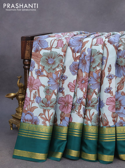 Pure mysore silk saree pastel blue and green with allover floral digital prints and rettapet zari woven border