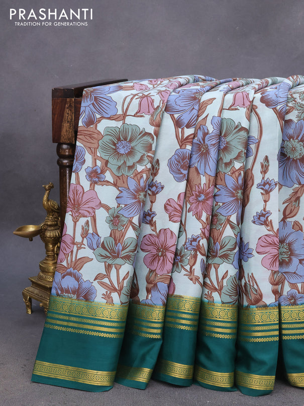 Pure mysore silk saree pastel blue and green with allover floral digital prints and rettapet zari woven border