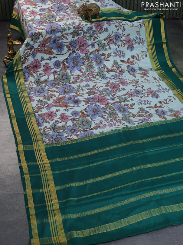 Pure mysore silk saree pastel blue and green with allover floral digital prints and rettapet zari woven border