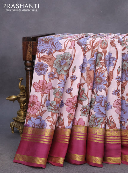 Pure mysore silk saree pastel peach shade and onion pink with allover floral digital prints and rettapet zari woven border