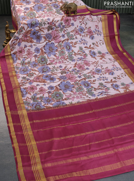 Pure mysore silk saree pastel peach shade and onion pink with allover floral digital prints and rettapet zari woven border