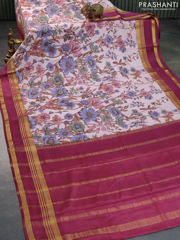 Pure mysore silk saree pastel peach shade and onion pink with allover floral digital prints and rettapet zari woven border