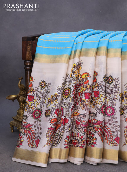 Pure mysore silk saree light blue and cream with allover zari strips pattern and long kalamkari digital printed border