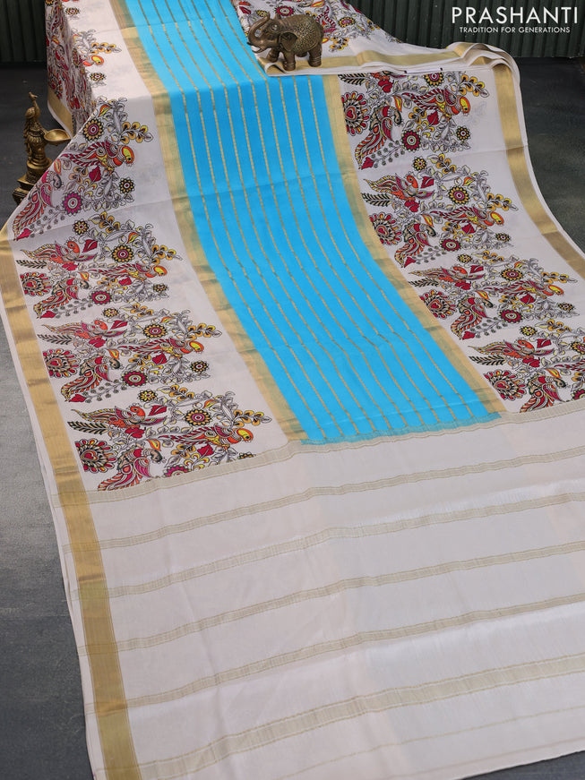 Pure mysore silk saree light blue and cream with allover zari strips pattern and long kalamkari digital printed border