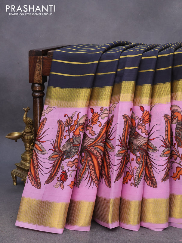 Pure mysore silk saree black and lotus pink with allover zari strips pattern and long kalamkari digital printed border