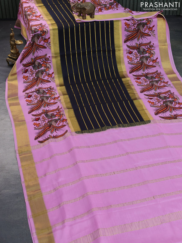 Pure mysore silk saree black and lotus pink with allover zari strips pattern and long kalamkari digital printed border