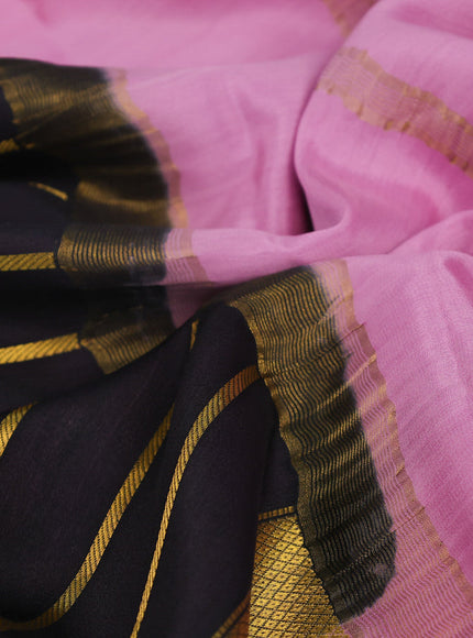 Pure mysore silk saree black and lotus pink with allover zari strips pattern and long kalamkari digital printed border