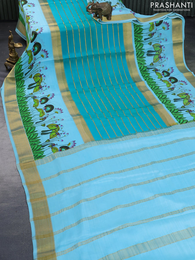 Pure mysore silk saree teal green shade and light blue with allover zari strips pattern and long digital printed border